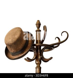Isolierte alte Holzgarderobe mit Vintage-hängendem Filz-Bowler-Hut isoliert auf weißem Hintergrund Stockfoto