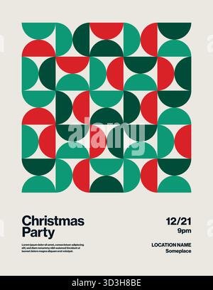 Ein festliches und modernes Poster mit geometrischen Mustern aus roten und grünen Halbkreisen, das vom Bauhaus inspiriert ist, für eine Einladung zu einer Veranstaltung oder für eine Ho Stock Vektor