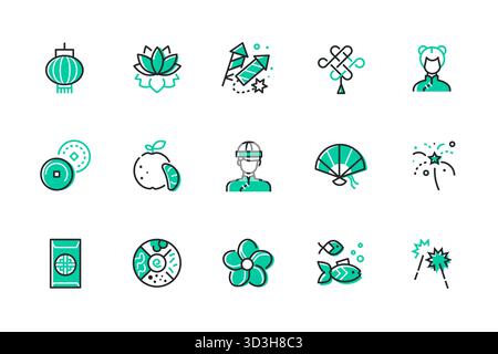 Chinesisches Neujahr – Set mit Ikonen im Liniendesign Stock Vektor