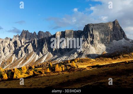 Spektakuläre schneebedeckte Berge rund um den berühmten passo giau in den dolomiten in italien, wunderschönes Herbstlaub, goldene Lärchen Stockfoto
