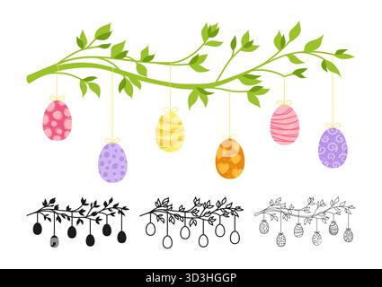 Zweig mit Ostereier-Symbol-Zeichentrickset. Happy Easter Dekoration flache Hand gezeichnete lineare Kritzelsymbol. Einfaches stilisiertes Zeichen, Vektorillustration isoliert auf weißem Hintergrund Stock Vektor
