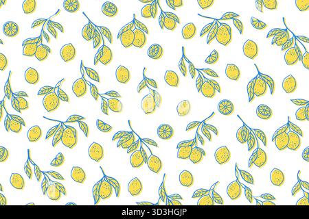 Nahtloses Muster von Zitronen-Baumzweigen. Verschiedene Äste Blattwerk grenzenloser Hintergrund handgezeichnet moderner Stil. Dekorative Obst Zitrus endlose Design Papier Druck, Textil, Geschenkpapier Hintergrund Vorlage Stock Vektor