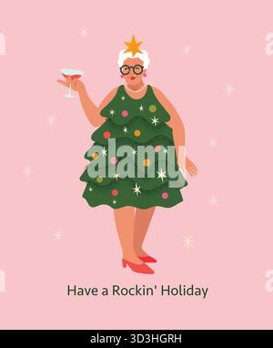 Ältere Frau, gekleidet als Weihnachtsbaumtanz. Senior Tänzer. Alte Frau. Partymusik. Großmutter tanzt. Hab einen rockigen Urlaub. Stock Vektor