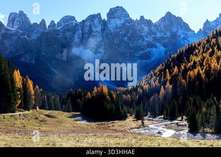 Wunderschönes Val Venegia Tal in den dolomiten in italien nach Sonnenaufgang, kalter Herbstmorgen und schönem Herbstlaub, goldenen Lärchen Stockfoto