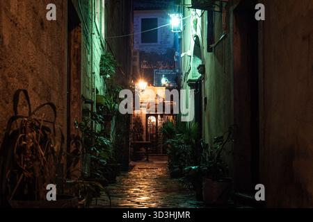 Enge historische Steingasse, beleuchtet bei Nacht mit Straßenlaternen und Pflanzen in einer europäischen Altstadt. Stockfoto