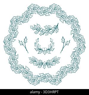 Stechpalme-Wulenkranz mit Blättern und Beeren, Weihnachtsschilder im Kritzelstil für die Winterferien, Grußkarte, Einladung, Postkarte. Vecto Stock Vektor