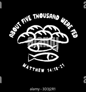 5 Laibe plus 2 Fische gleich 5000, christliches T-Shirt. Bibelgeschichte Mathe Design – Jesus Feeds the 5000, Matthäus 14:13-21. Vektorabbildung Stock Vektor