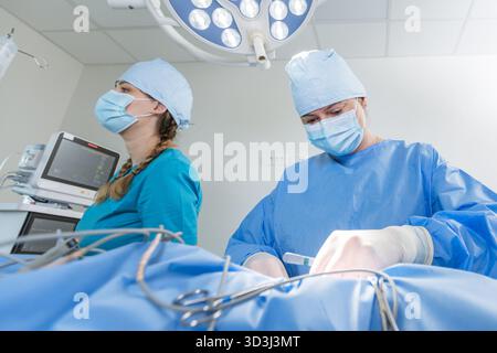 Zwei Chirurgen in blauen Peelings und Masken konzentrieren sich auf einen chirurgischen Eingriff in einer gut beleuchteten klinischen Umgebung. Stockfoto