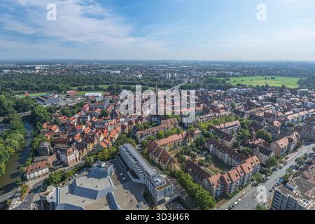 Die mittelfränkische Stadt Fürth von oben, Blick auf die Bezirke rund um das Rednitztal Stockfoto