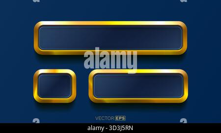 Elegante goldene Knopfrahmen auf blauem Hintergrund, perfekt für modernes UI-Design und Spielelemente. Vektorabbildung Stock Vektor