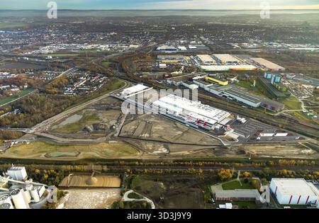 Luftaufnahme, neues Gebäude des Prologis Logistics Park, Rewe Fresh Center/Logistics Center, Standort der alten Westfalenhuette, Dortmund, Ruhrgebiet, Nord-RHI Stockfoto