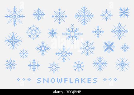 Pixel Art Schneeflocken. Isolierte Elemente. Stock Vektor