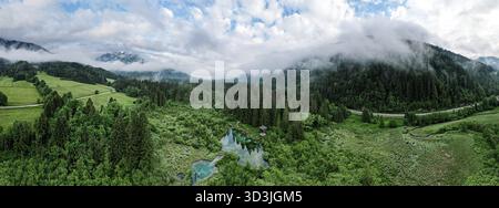 Naturschutzgebiet Zelenci in Slowenien. Bergfeuchtgebiete mit türkisfarbenem See, seltenen Pflanzen und Watvögeln. Drohnenansicht aus der Luft, Slowenien Stockfoto