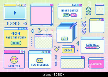 Retro-Sammlung von Pixelart-Fenstern. Y2K-Stil. Stock Vektor
