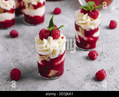 Essen, mehrschichtiges Dessert mit Vanillekuchen, Schlagsahne und frischen Himbeeren Stockfoto