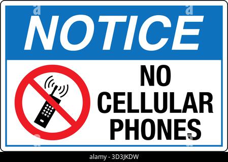 Das „Sicherheitsschild: Eingeschränkter Bereich – keine Mobiltelefone außerhalb dieses Punktes“ warnt Personen, dass Mobiltelefone in bestimmten Bereichen verboten sind. Stock Vektor