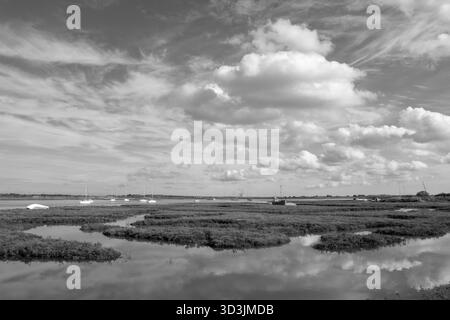 Schwarzweißbild der Salzwiesen am River Crouch bei Brandy Hole, Hullbridge, Essex, England, Vereinigtes Königreich Stockfoto