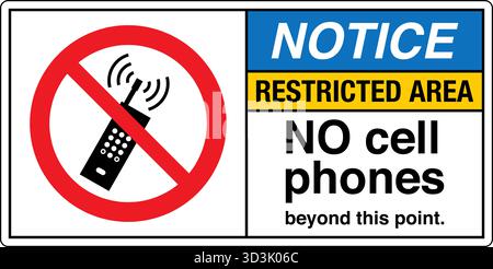 Das „Sicherheitsschild: Eingeschränkter Bereich – keine Mobiltelefone außerhalb dieses Punktes“ warnt Personen, dass Mobiltelefone in bestimmten Bereichen verboten sind. Stock Vektor