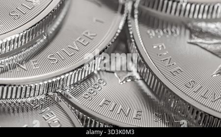 Makro Nahaufnahme eines 999% Silber kanadische Maple Leaf Gold Münze Stockfoto