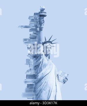 Doppelbelichtung der Freiheitsstatue und der Skyline von New york mit Cope-Raum Stockfoto