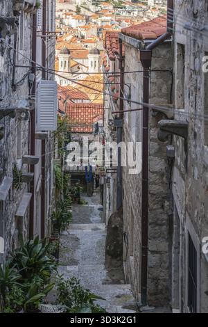 Schritte auf den schmalen, steilen Straße Passage zwischen Wohngebäude in der Altstadt von Dubrovnik, Kroatien Stockfoto