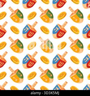 Nahtloses Hanukkah-Muster mit bunten Dreidels und Goldmünzen. Festliches flaches Vektordesign perfekt für Geschenkpapier, Hintergründe, Textilien und Weihnachtsdekorationen. Vektorabbildung Stock Vektor