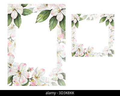 Handgezeichneter Aquarellrahmen mit rosa Apfelblüten und grünen Blättern auf weißem Hintergrund. Eleganter Blumenrand für Hochzeitseinladungen, Grußkarten oder Frühlingsdesign Stockfoto