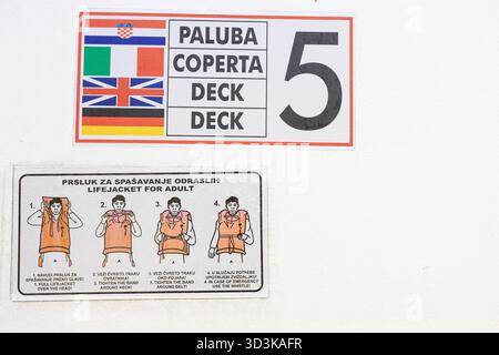 Ein breites Schild mit mehreren Nationalflaggen auf der linken Seite, ein fettgedruckter mehrsprachiger Textblock mit der Aufschrift PALUBA COPERTA DECK und eine große Zahl TW Stockfoto