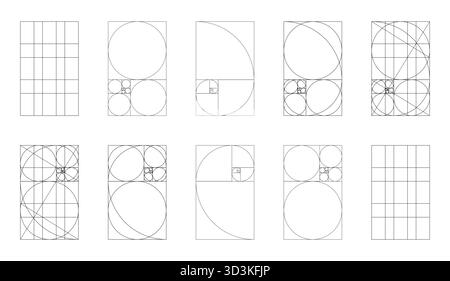 Einfache Vorlage für Golden Ratio. Fibonacci Array, Zahlen Formen. Große Auswahl an Proben mit Goldschnitten. Harmony Proportionen dünne schwarze Rahmen. Gliederung Stock Vektor