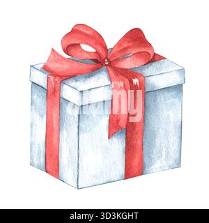 Eine handbemalte Geschenkbox mit Aquarell und roter Schleife. Quadratische Box. Geschenk. Geeignet für Druck, Design, Verpackung und Karten. Stockfoto