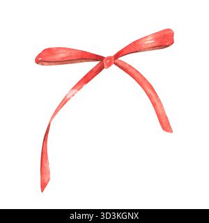 Dünne rote Schleife mit langen Bändern, handbemalt in Aquarell. Weißer Hintergrund. Isoliert. Vintage-Style. Geeignet für Postkarten, Design, Druck Stockfoto