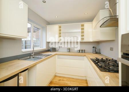 Modernes Küchendesign mit Holzablage und eleganten Geräten in hellem und geräumigem Layout Stockfoto