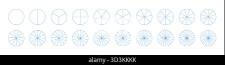 Kuchen, Pizzakarten Set. Segmentierte flache blaue Diagramme. Viele Sektoren teilen den Kreis von 1 bis 20 gleichen Teilen auf. Segmente einfache Infografik Stock Vektor