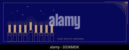 Happy Hanukkah Postkarte und Banner. Komposition einfacher traditioneller jüdischer Linien-Ikonen im minimalistischen Stil. Karten mit Menorah, Dreidel Stock Vektor