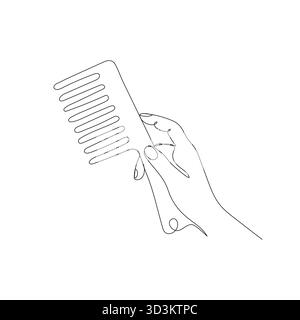 Hand hält breiten Zahnkamm. Minimalistische einzeilige Vektor-Illustration für Schönheit, Haarpflege, Salon, Mode Design Projekte. Stock Vektor