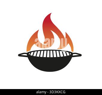 Grillpfanne BBQ Logo Flamme Kochen Pfanne Vektor Heißfeuer Symbol Design Icon Illustration Stock Vektor