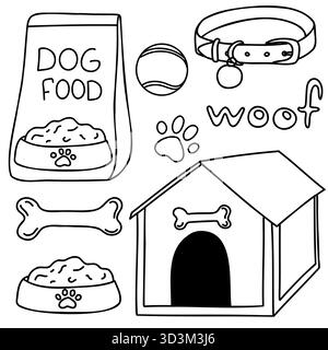Hand gezeichnete Vektor-Doodle Set mit verschiedenen Artikeln und Zubehör für Hunde und Haustiere Stock Vektor