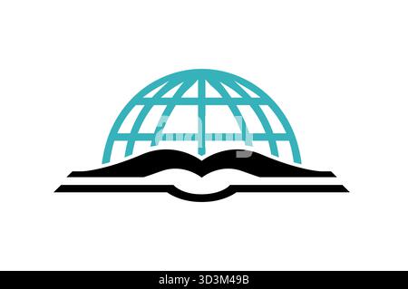 Öffnen Sie das Buch mit dem Globus-Logo und dem Vektordesign-Symbol Stock Vektor