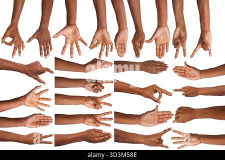 Satz Handgesten auf weißem Hintergrund. afroamerikaner zeigt Arm, Nahaufnahme Stockfoto