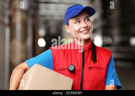 Kurier mit Pappkarton und versteckter Kamera im Freien Stockfoto