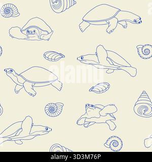 Niedliche Meeresschildkröten und Muschelschalen nahtlose Muster-Vektor-Illustration der Küste Stock Vektor