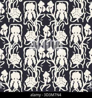 Handgezeichnete Silhouette Iris Blumen nahtloses Muster im Jugendstil Stock Vektor