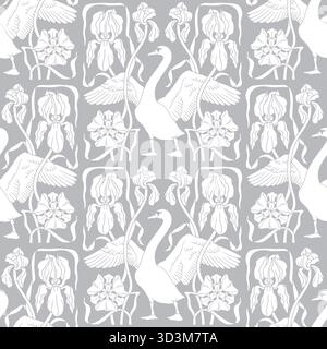 Nahtloses Muster im Jugendstilstil modern handgezeichnet elegante grau-weiße Silhouette von Schwan und Irisblumen symmetrische Komposition Stock Vektor