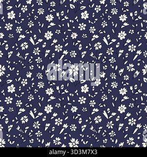 Einfarbiges, nahtloses Muster in Schwarz und weiß. Handgezeichneter Vintage-Hintergrund mit winzigen Blumen. Cottagecore-Textur Stock Vektor