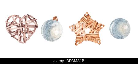Weihnachtsspielzeug. Wicker Star und Herz aus Rattan, glasblauen Kugeln oder Kugeln. Festliche Dekoration. Aquarellabbildung isoliert auf weiß Stockfoto