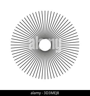 Symbol der Sonnensterne. Speichen mit strahlenden Streifen. Vorlage für kreisförmige Linien. Radiale Kreislinien. Flaches Element isoliert auf einem weißen. Abstrakt Stock Vektor