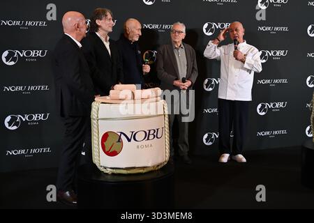 Die drei Gründer von Nobu: Meir Teper, Robert de Niro und Chefkoch Nobu Matsuhisa nahmen am 6. November 2025 in Rom Teil Stockfoto