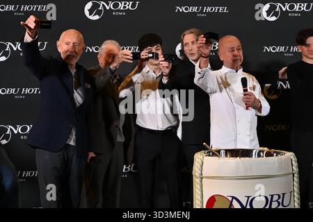 Die drei Gründer von Nobu: Meir Teper, Robert de Niro und Chefkoch Nobu Matsuhisa nahmen am 6. November 2025 in Rom Teil Stockfoto