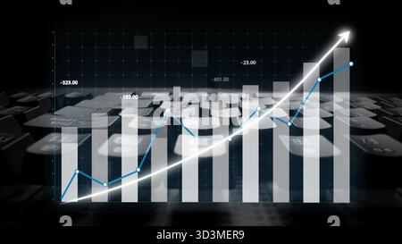 Diese Abbildung zeigt ein modernes digitales Diagramm, das steigende Trends und Leistungskennzahlen vor dem Hintergrund der Tastatur anzeigt und die Datenanalyse betont Stockfoto