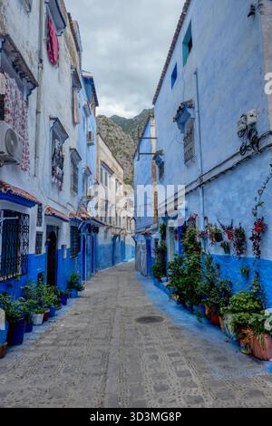 Ein fesselnder Blick auf die malerischen, engen Gassen von Chefchaouen, Marokko. Die ikonischen Gebäude sind in atemberaubenden Blau- und Weißtönen getaucht Stockfoto